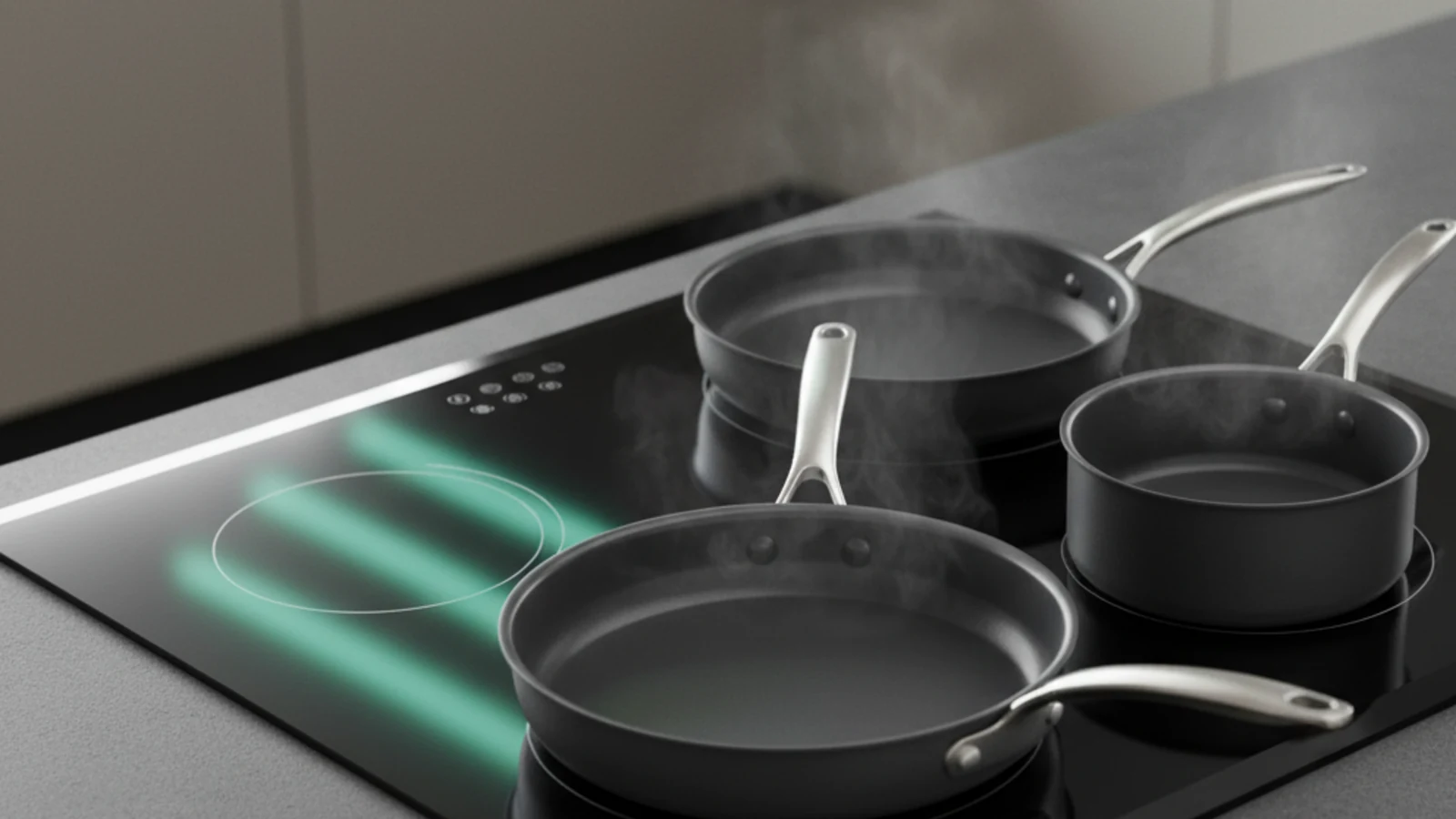Two pans simmering on a black induction cooktop with soft steam