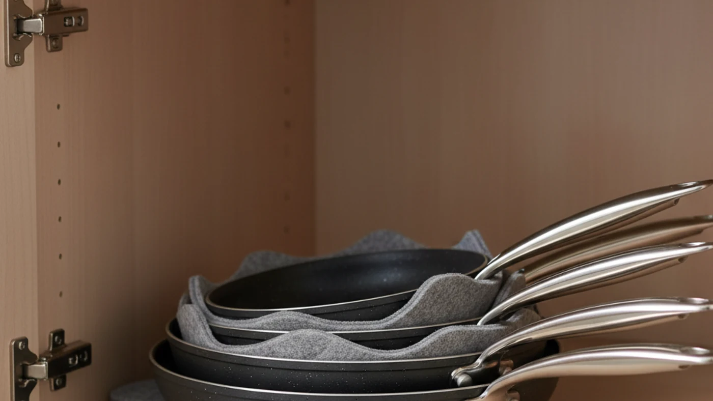 Stacked nonstick pans stored with protectors in a cabinet