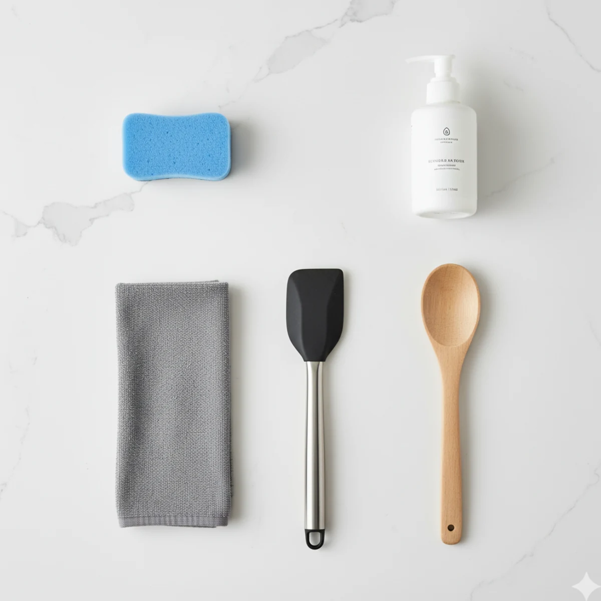 Soft sponges and microfiber towel next to a titanium pan