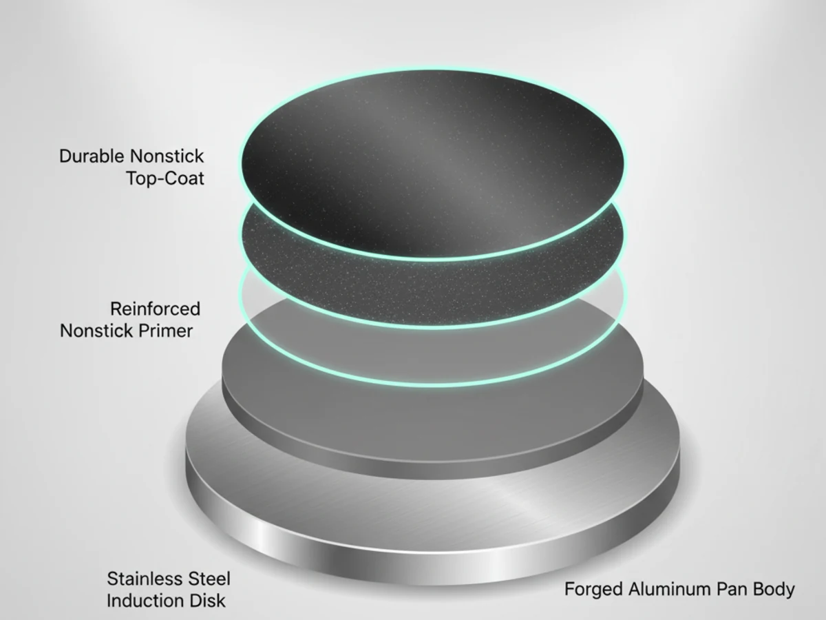 Exploded cutaway showing aluminum base, induction disk, and titanium-reinforced coating layers