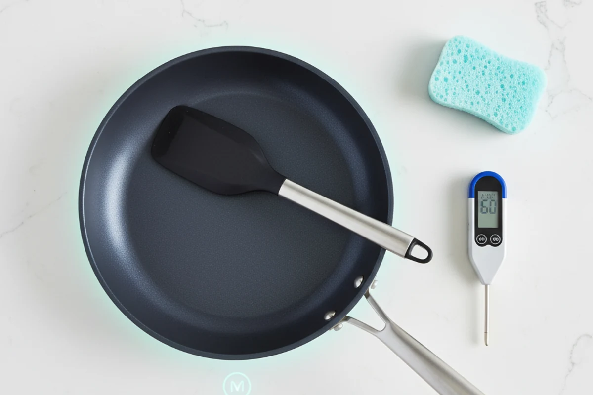 Flat lay of nonstick skillet with silicone spatula, thermometer, and sponge